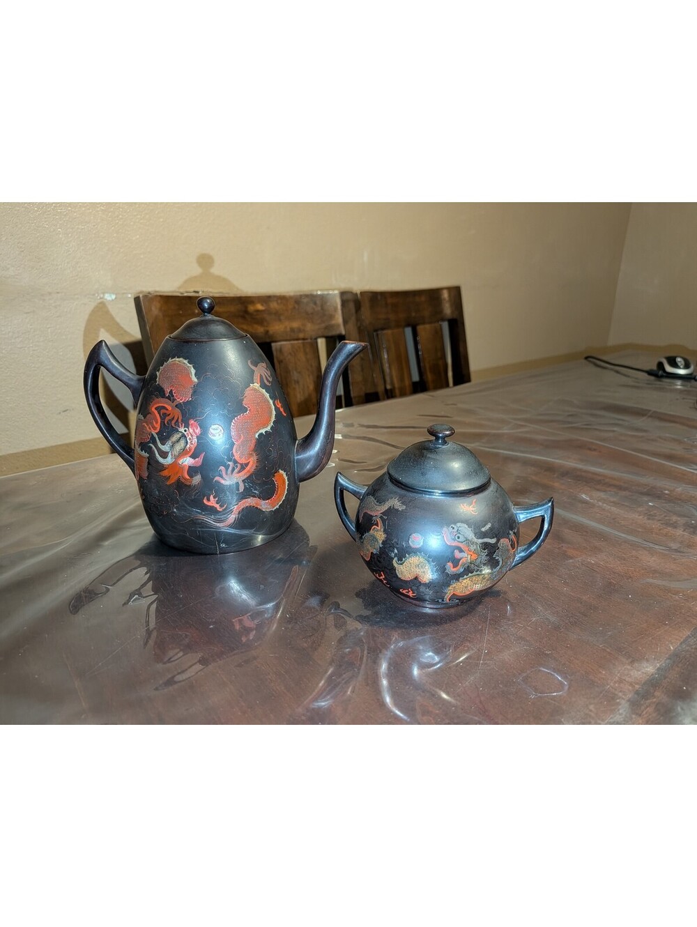 Foochow Chinese Black Lacquer Dragon Tea Service Teapot and Sugar Bowl (Repair)